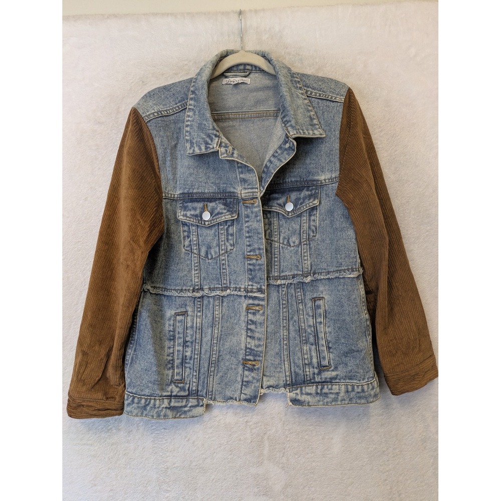 Lucy Avenue Denim Jacket Women's‎ S Blue Brown Corduroy Mixed Media Raw Hem